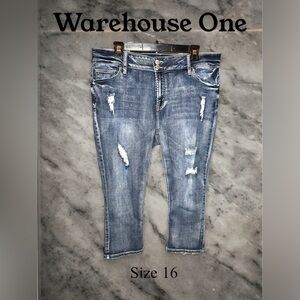 Warehouse One - 16 Blue Distressed & Faded High Rise Capri Jeans